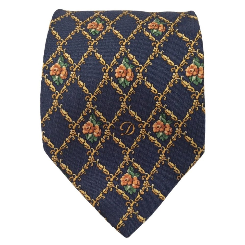 S.T. DUPONT Blue Flower Print Monogrammed Silk Tie Italy 64”/3".3/4 EX COND